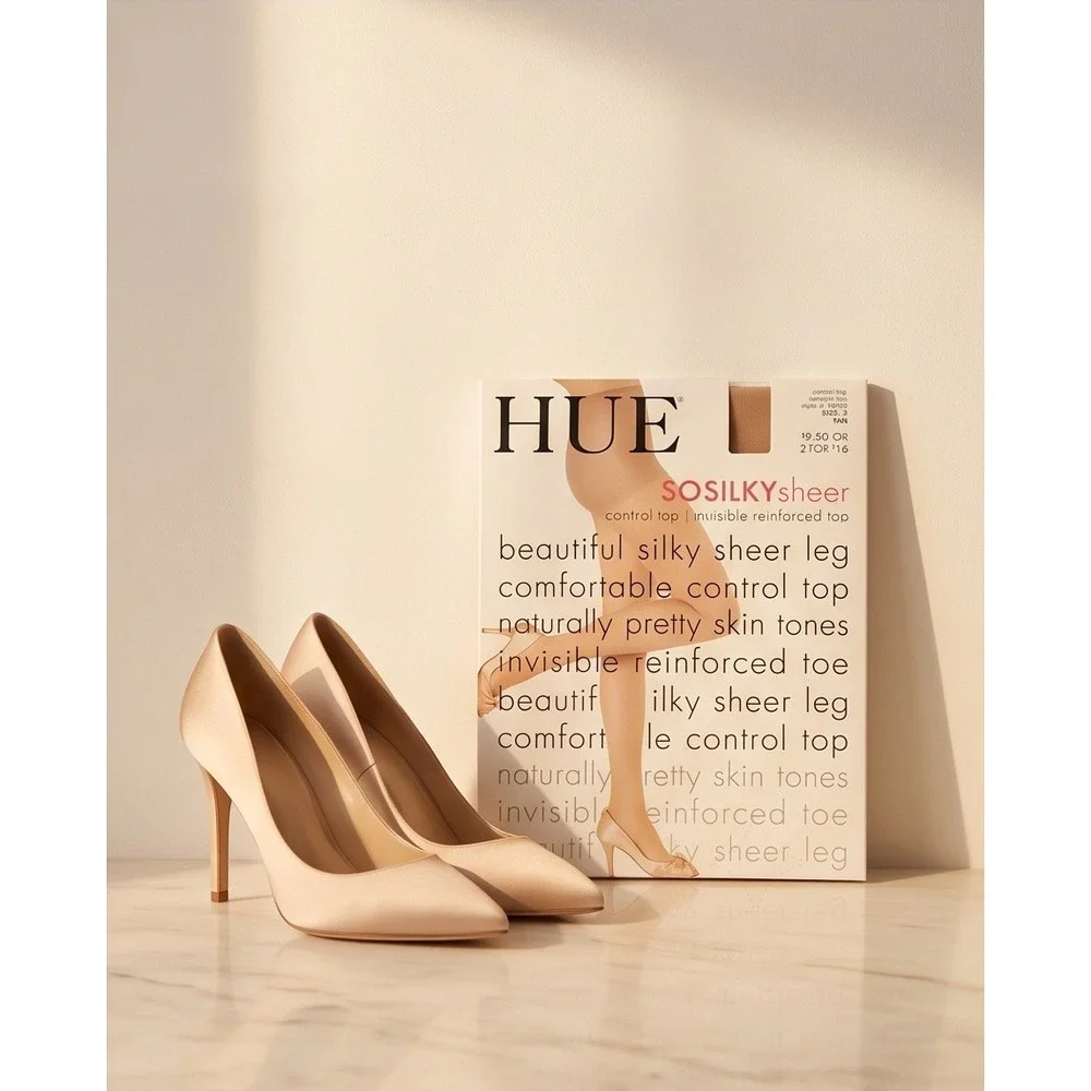 Vintage HUE 2 So Silky Sheer Control Top Tights Tan Reinforced Toe 10762 NOS